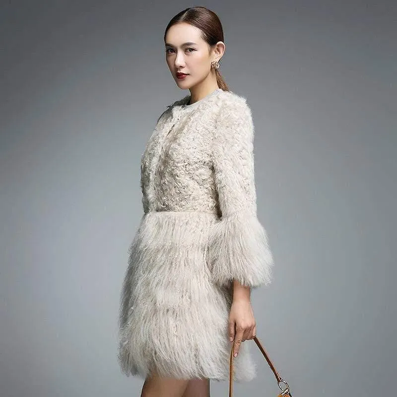 Real Fur Coat for Women Natural Lamb Fur with Mongolia Sh...