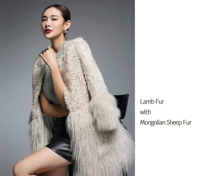 Real Fur Coat for Women Natural Lamb Fur with Mongolia Sh...