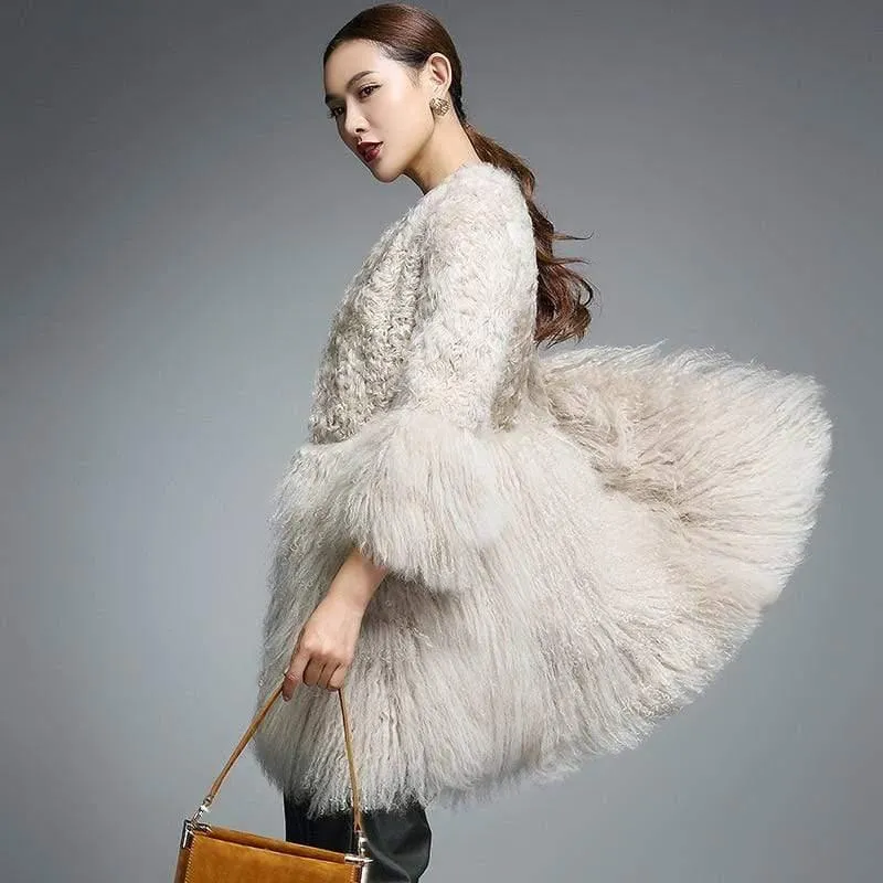 Real Fur Coat for Women Natural Lamb Fur with Mongolia Sh...