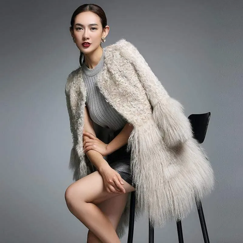 Real Fur Coat for Women Natural Lamb Fur with Mongolia Sh...