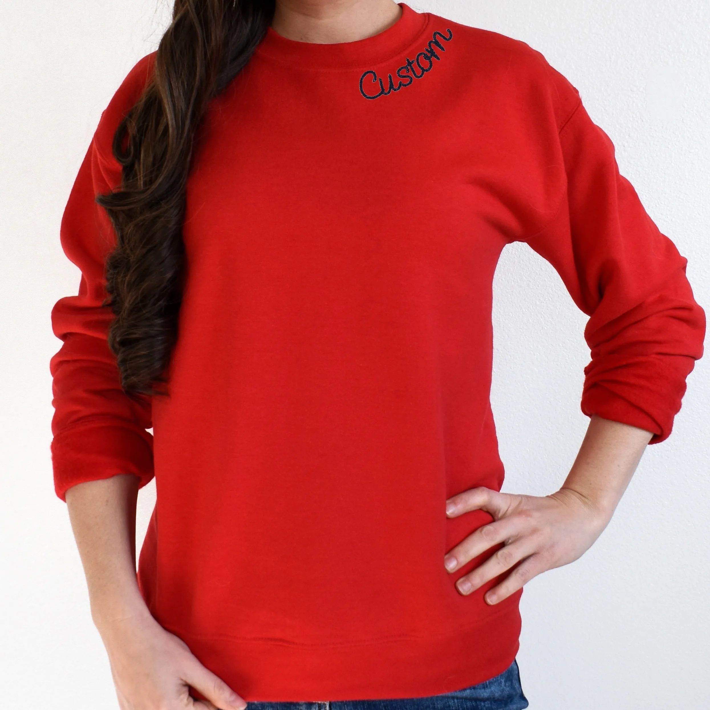 Red Custom Embroidered Crewneck Sweatshirt - Personalized Chain Stitch