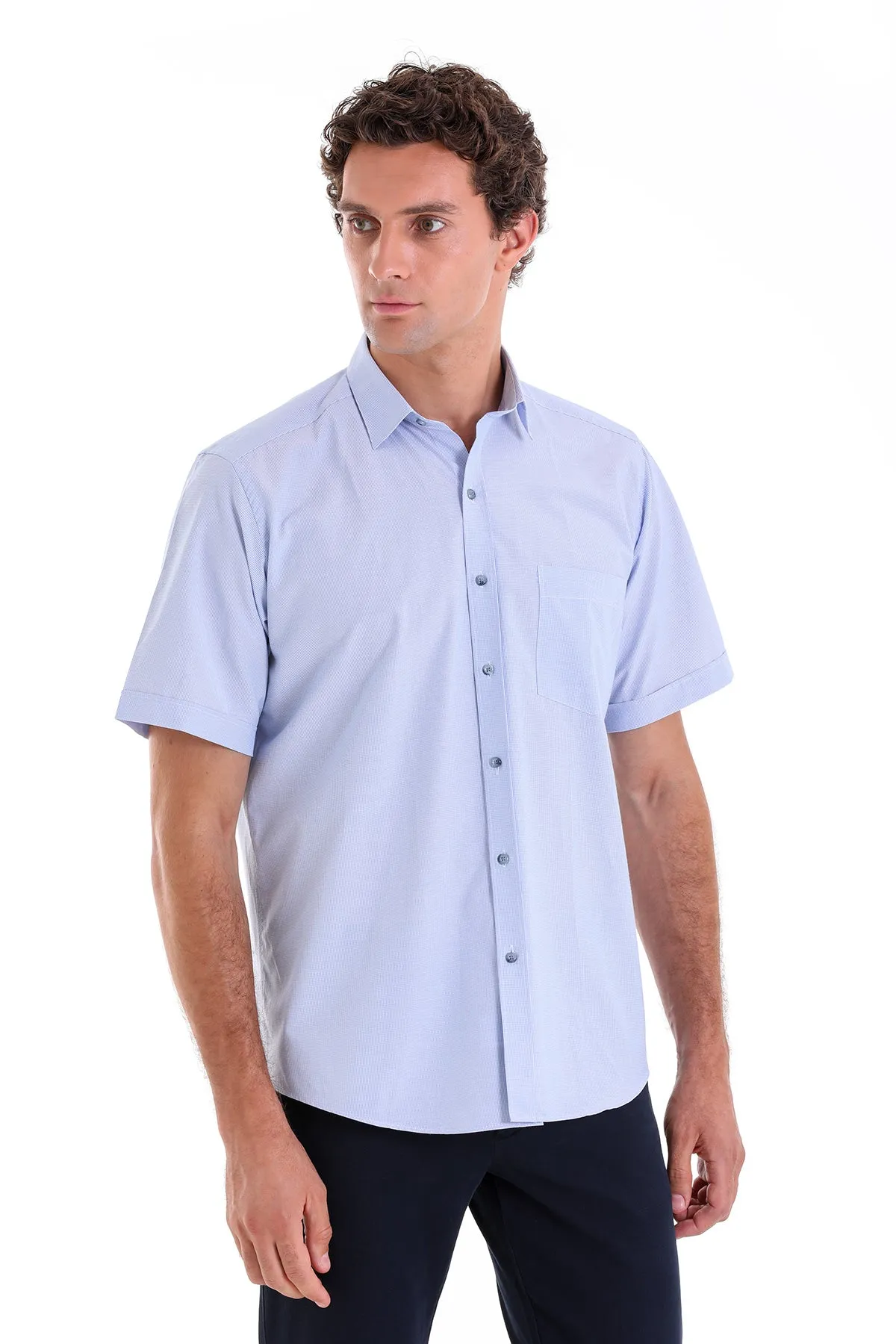 Regular Fit Pin Check Cotton Blend Blue Dress Shirt