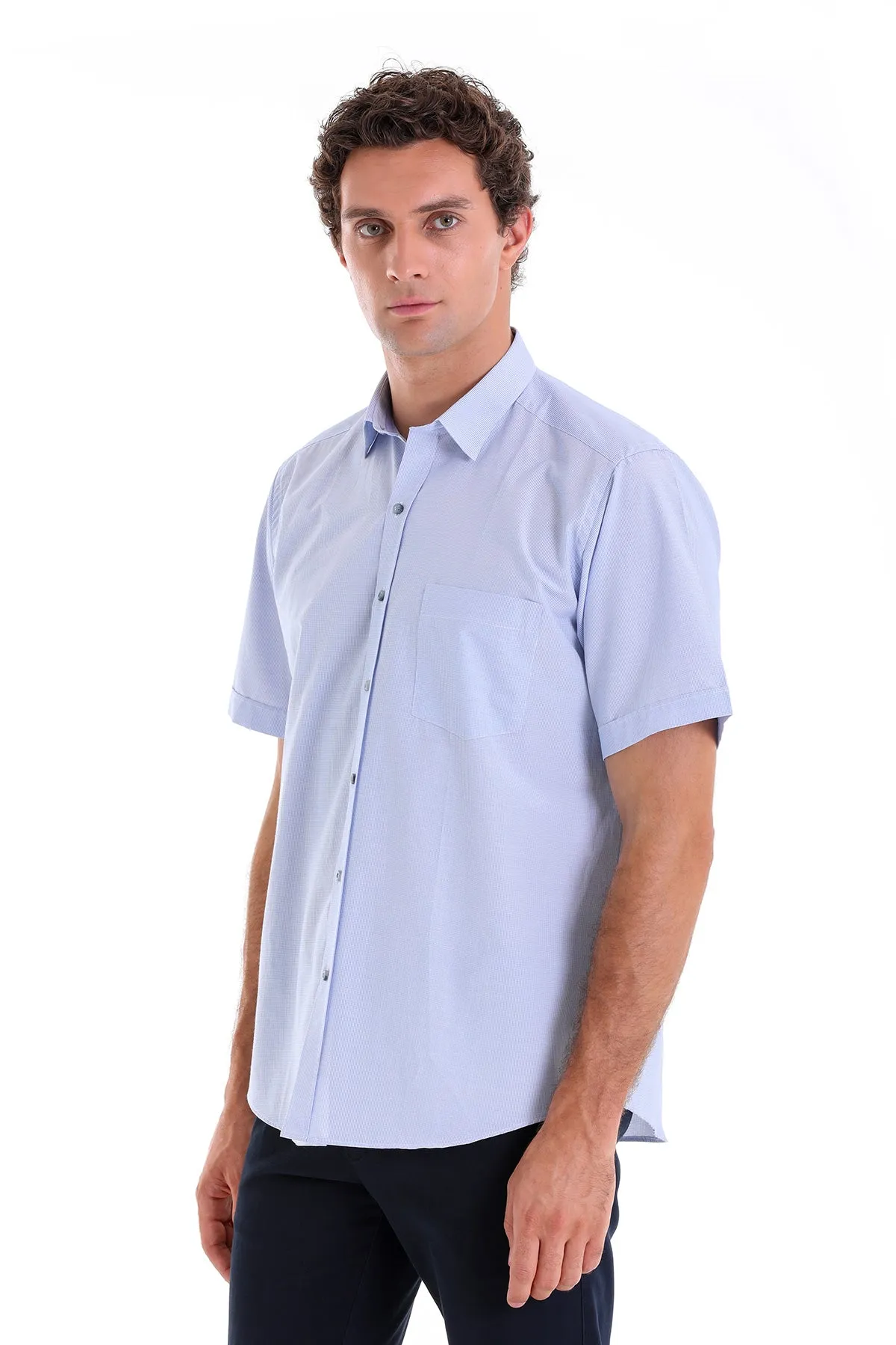 Regular Fit Pin Check Cotton Blend Blue Dress Shirt