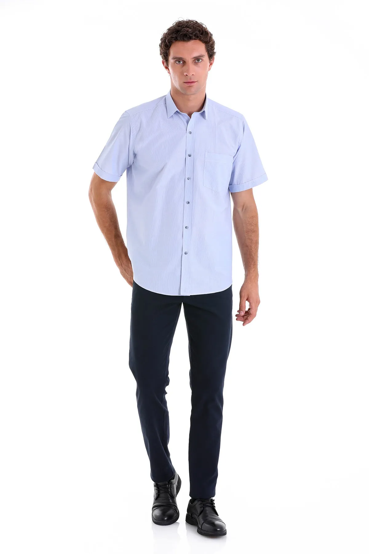 Regular Fit Pin Check Cotton Blend Blue Dress Shirt