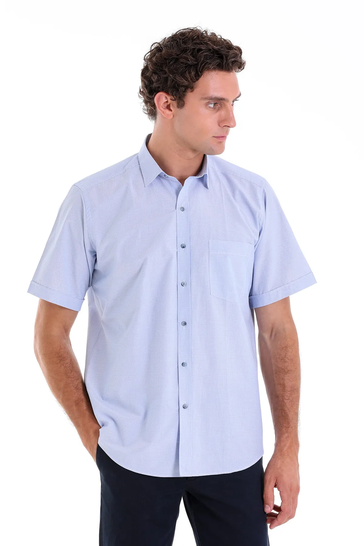 Regular Fit Pin Check Cotton Blend Blue Dress Shirt