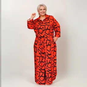 ROCKTHOSECURVES ORANGE / BLACK ABSTRACT MAXI SHIRT DRESS WITH COLLAR