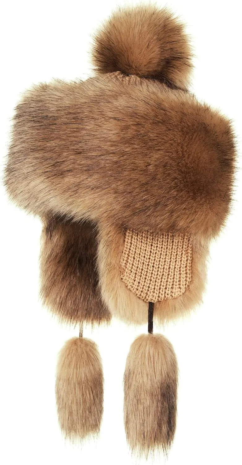 Russian Faux Fur Honey Brown Lined Winter Knit Trapper Hat