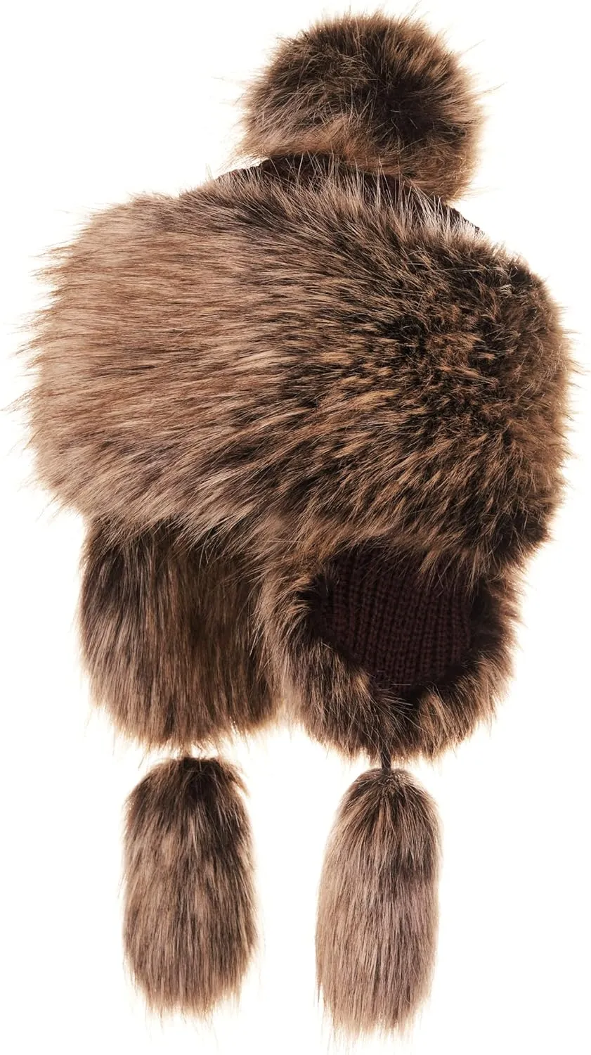 Russian Faux Fur Honey Brown Lined Winter Knit Trapper Hat