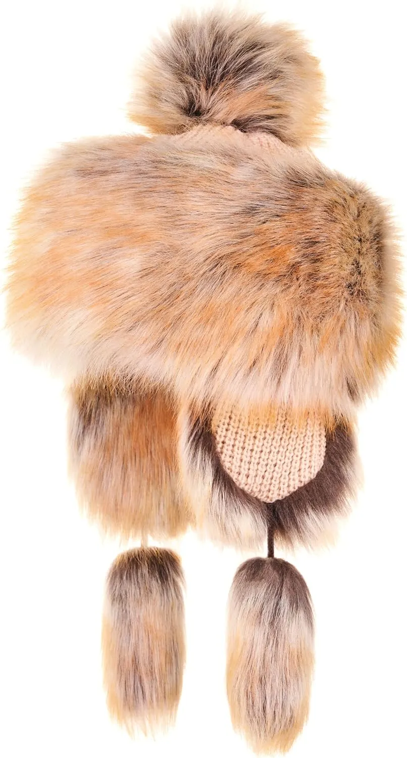 Russian Faux Fur Honey Brown Lined Winter Knit Trapper Hat