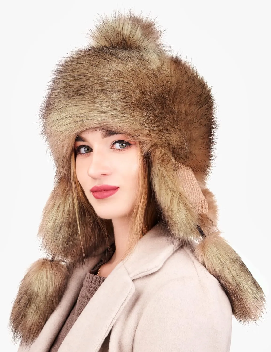 Russian Faux Fur Honey Brown Lined Winter Knit Trapper Hat