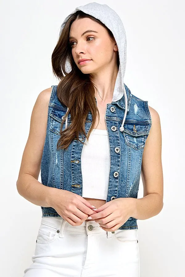 Stretch Distressed  Denim Vest with Fleece Hoodies