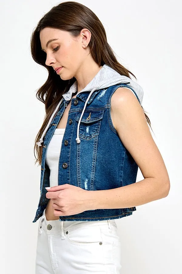 Stretch Distressed  Denim Vest with Fleece Hoodies