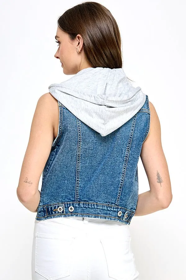 Stretch Distressed  Denim Vest with Fleece Hoodies