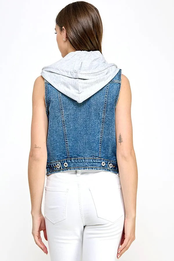 Stretch Distressed  Denim Vest with Fleece Hoodies