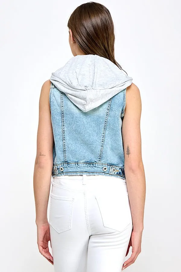 Stretch Distressed  Denim Vest with Fleece Hoodies