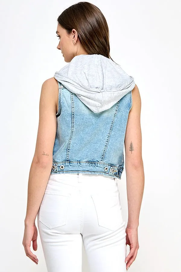 Stretch Distressed  Denim Vest with Fleece Hoodies