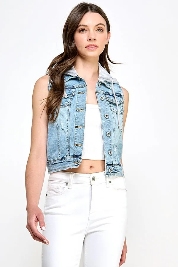 Stretch Distressed  Denim Vest with Fleece Hoodies