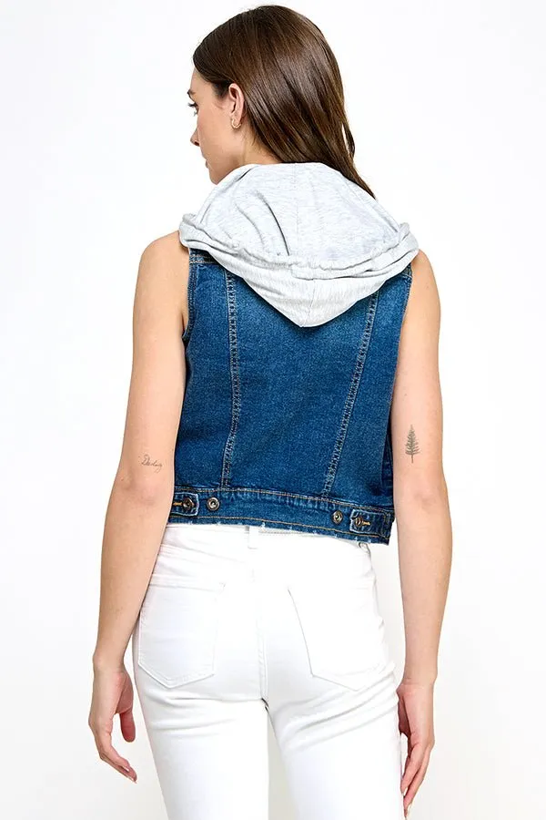 Stretch Distressed  Denim Vest with Fleece Hoodies