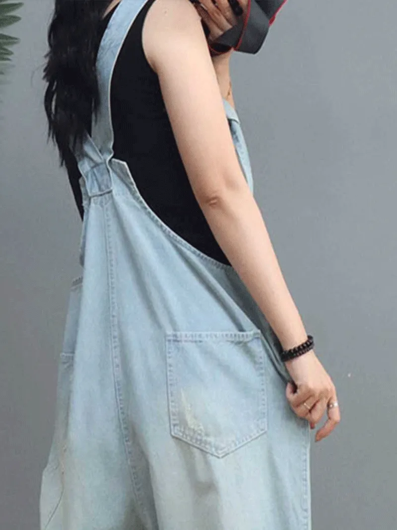 Sun Goes Down Cotton Denim Ripped Overall Dungarees