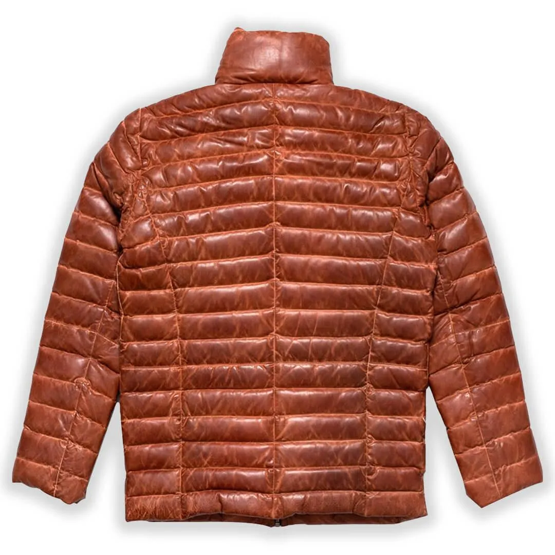 Tan Leather Puffer Jacket Brown