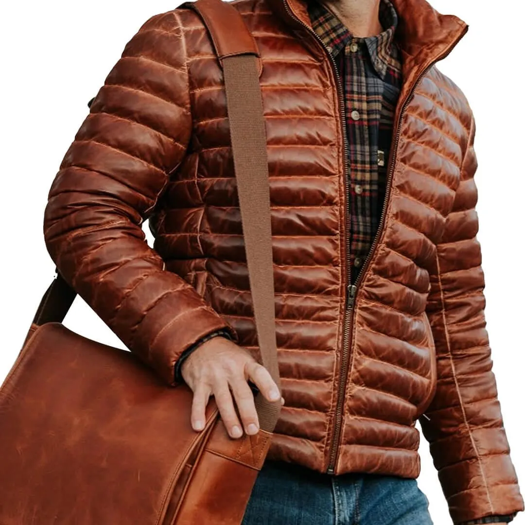 Tan Leather Puffer Jacket Brown