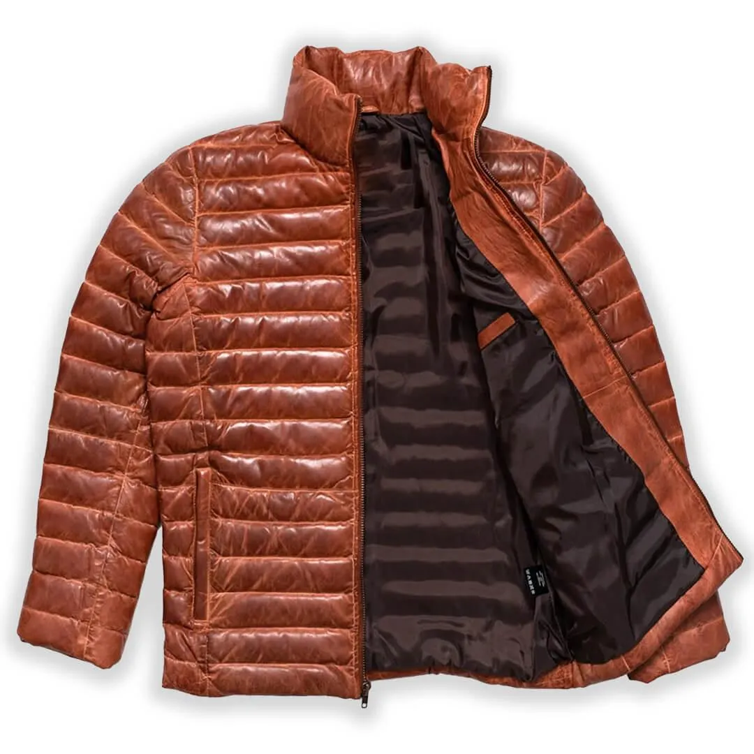 Tan Leather Puffer Jacket Brown