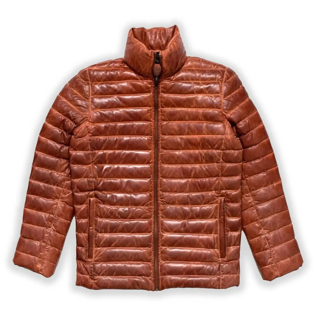 Tan Leather Puffer Jacket Brown