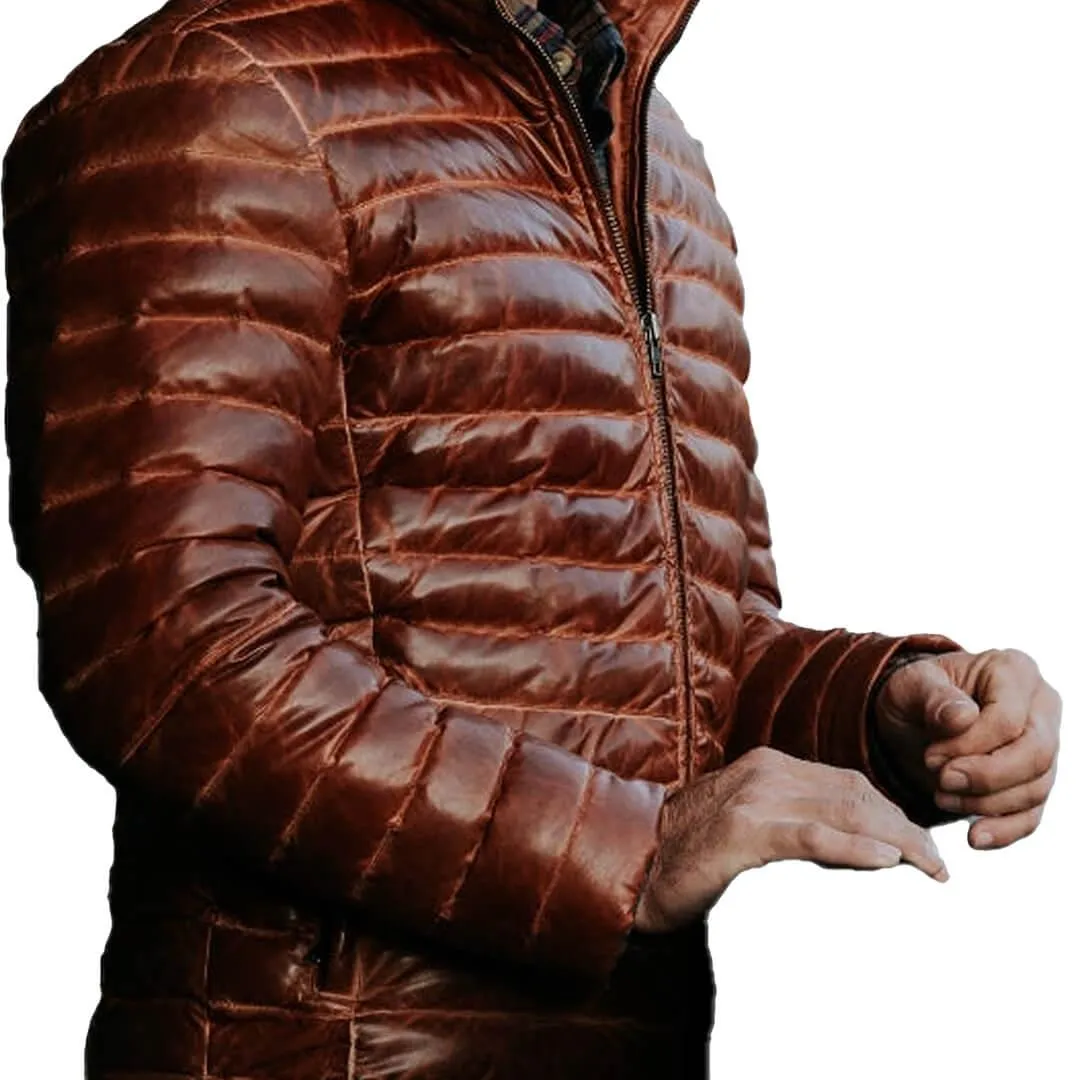 Tan Leather Puffer Jacket Brown