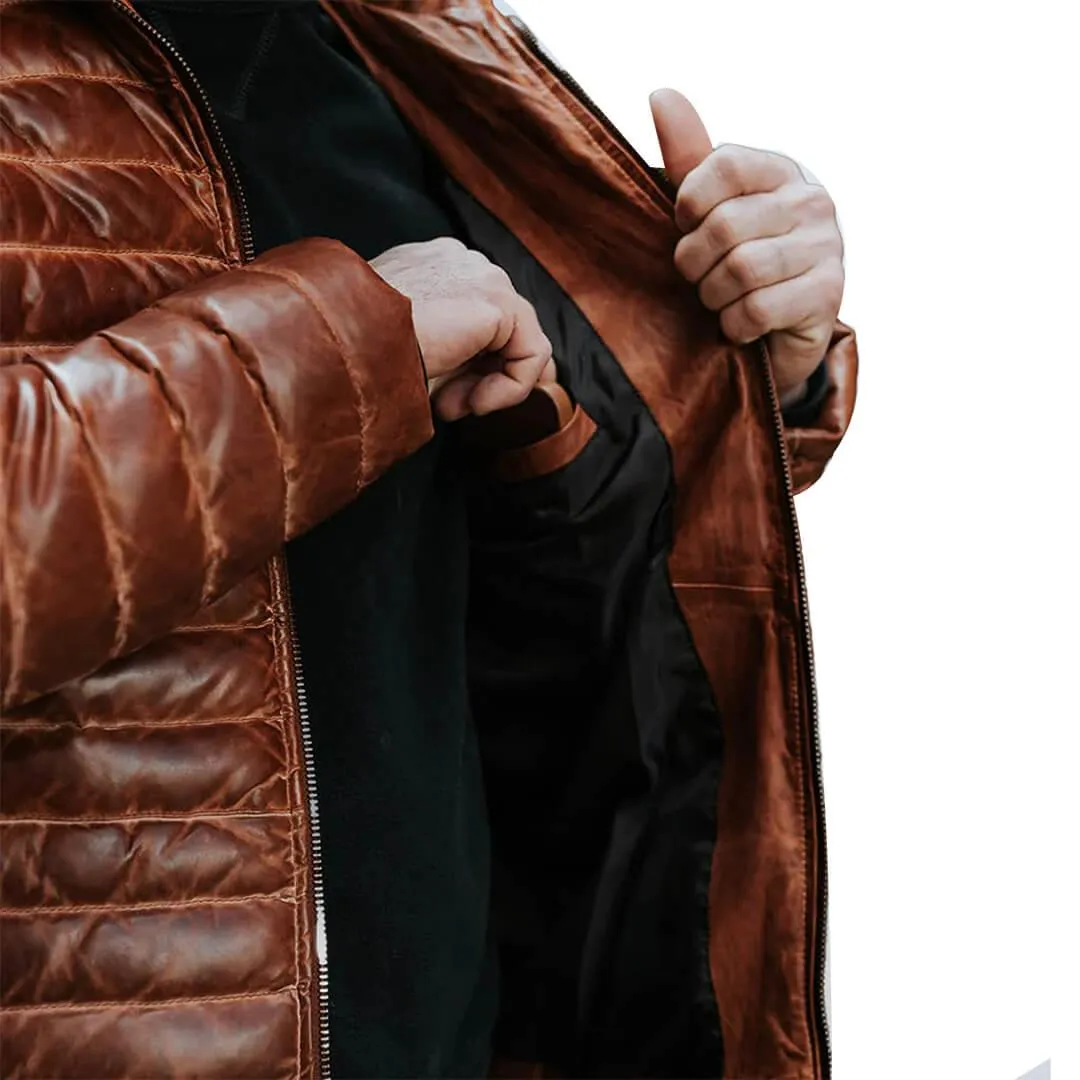 Tan Leather Puffer Jacket Brown