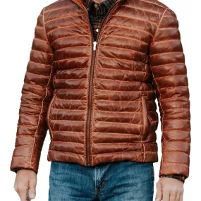 Tan Leather Puffer Jacket Brown