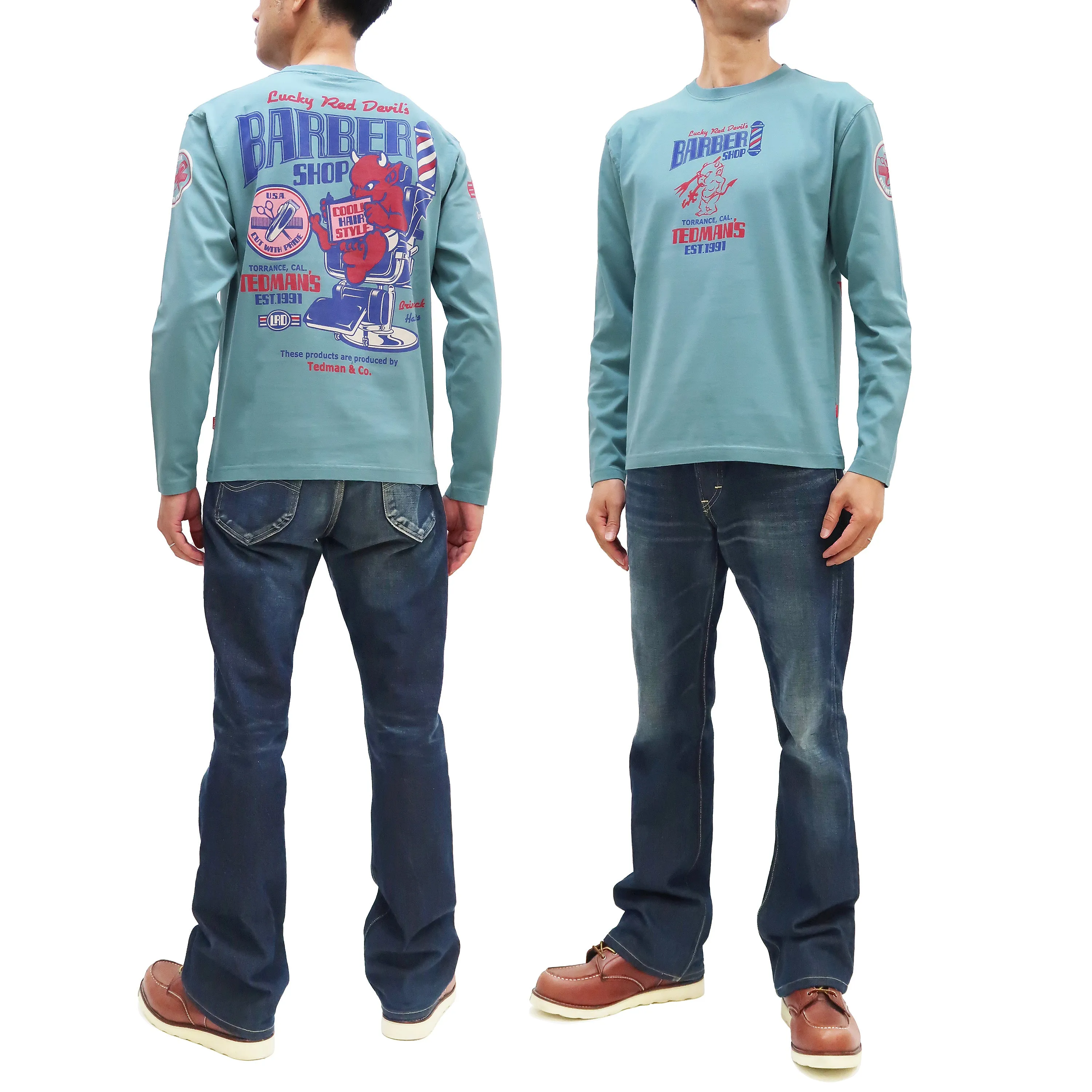 Tedman T-Shirt Men's Lucky Devil Barbershop Graphic Long Sleeve Tee Efu-Shokai TDLS-352 Blue-Green