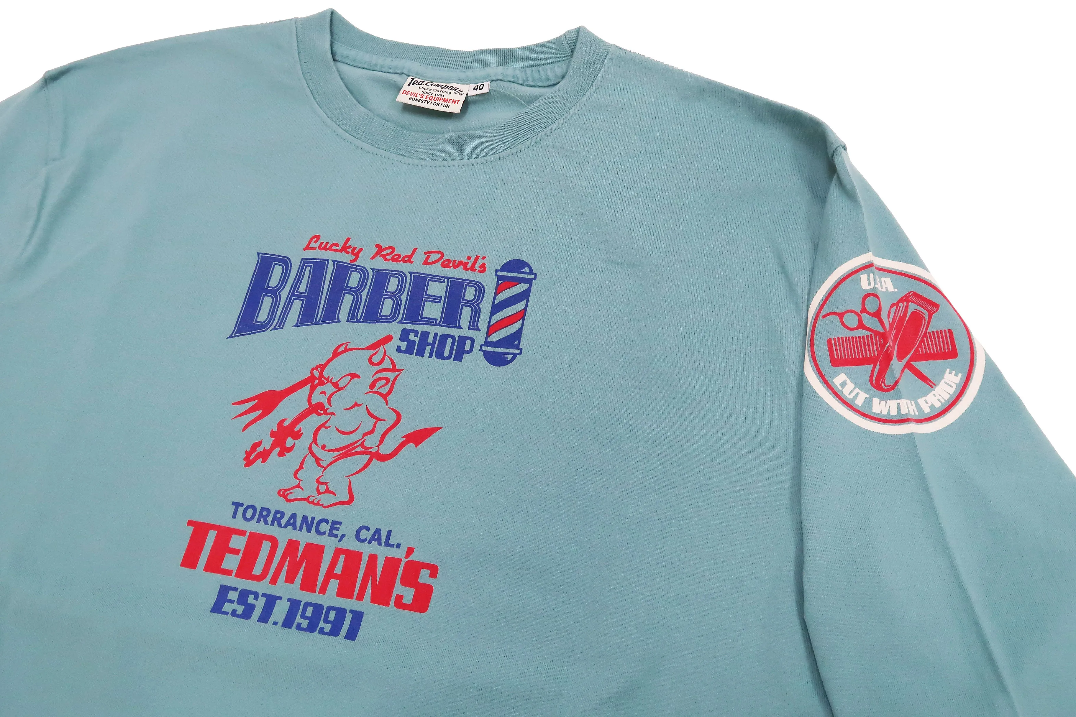 Tedman T-Shirt Men's Lucky Devil Barbershop Graphic Long Sleeve Tee Efu-Shokai TDLS-352 Blue-Green