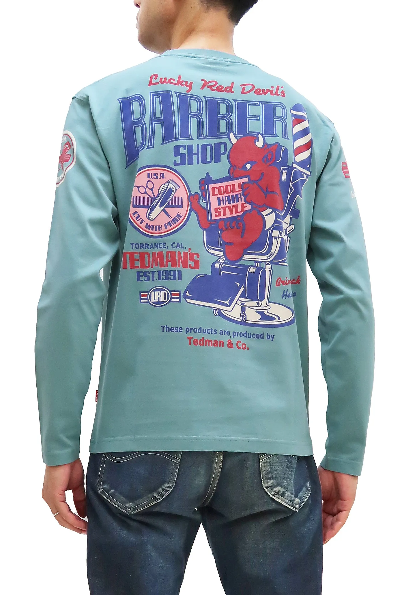 Tedman T-Shirt Men's Lucky Devil Barbershop Graphic Long Sleeve Tee Efu-Shokai TDLS-352 Blue-Green