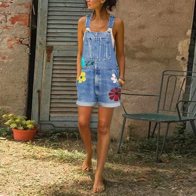 Tooling jeans Jumpsuit spring and summer suspender shorts work clothes Street printed casual Jumps