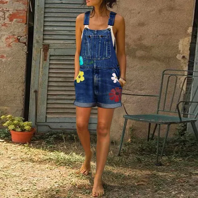 Tooling jeans Jumpsuit spring and summer suspender shorts work clothes Street printed casual Jumps