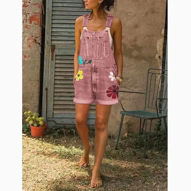 Tooling jeans Jumpsuit spring and summer suspender shorts work clothes Street printed casual Jumps