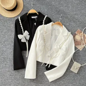 V-neck Beaded Bow Short Blazer