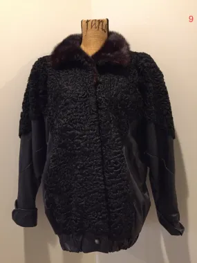 Vintage Black "Frank Furs" 1980's Persian Lamb and Leather Jacket with Fur Collar, Made in Canada