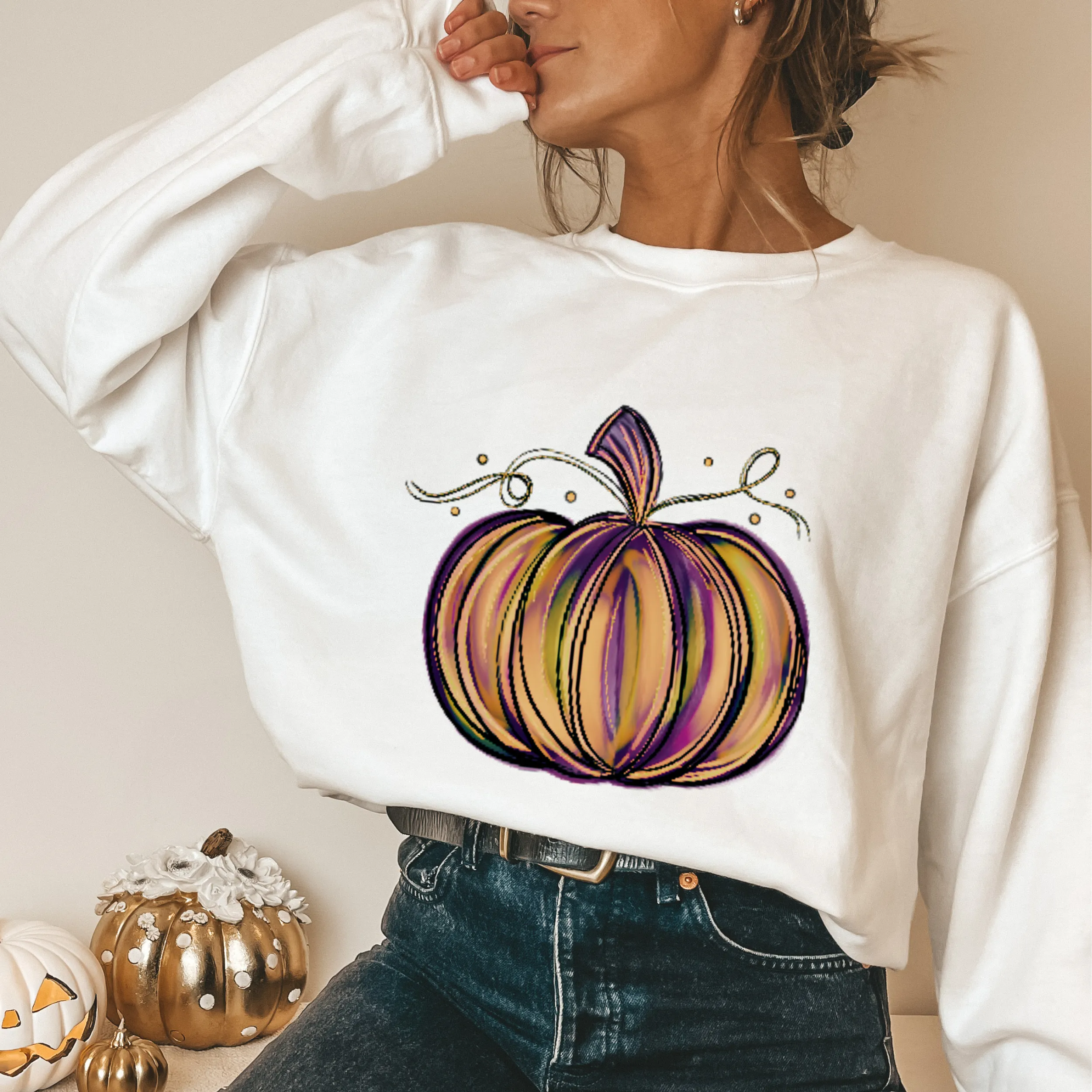 Watercolor Pumpkin Crewneck Sweatshirt, Fall Pullover Women's Cozy Sweatshirt or Soft T-Shirt Pretty Hand-Painted Pumpkin