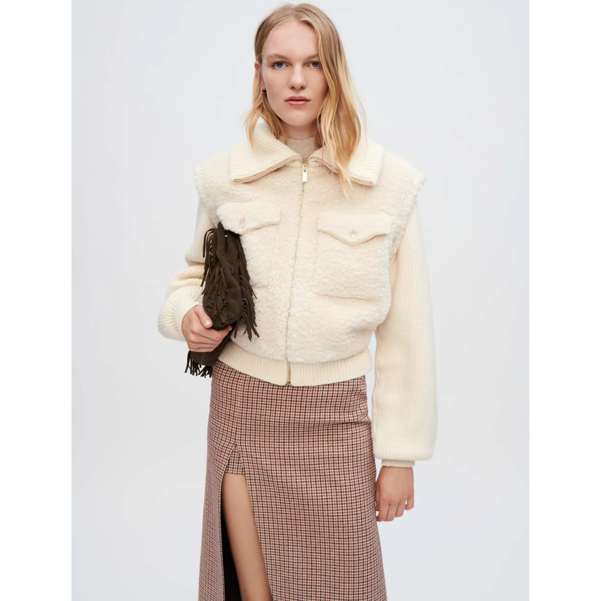 Women Faux Fur And Knit Jacket - Ecru