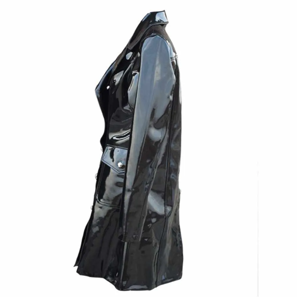 Women Military Fashion Double Breast Vinyl PVC Coat