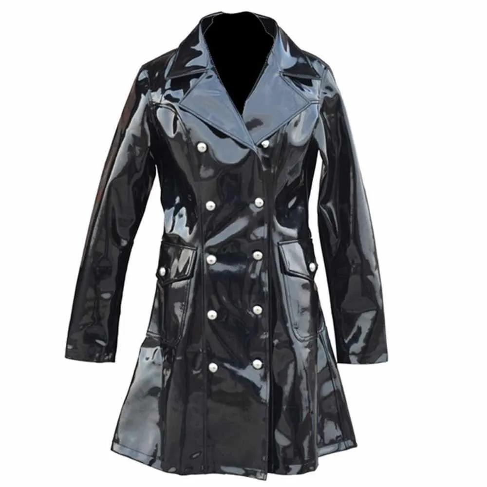 Women Military Fashion Double Breast Vinyl PVC Coat