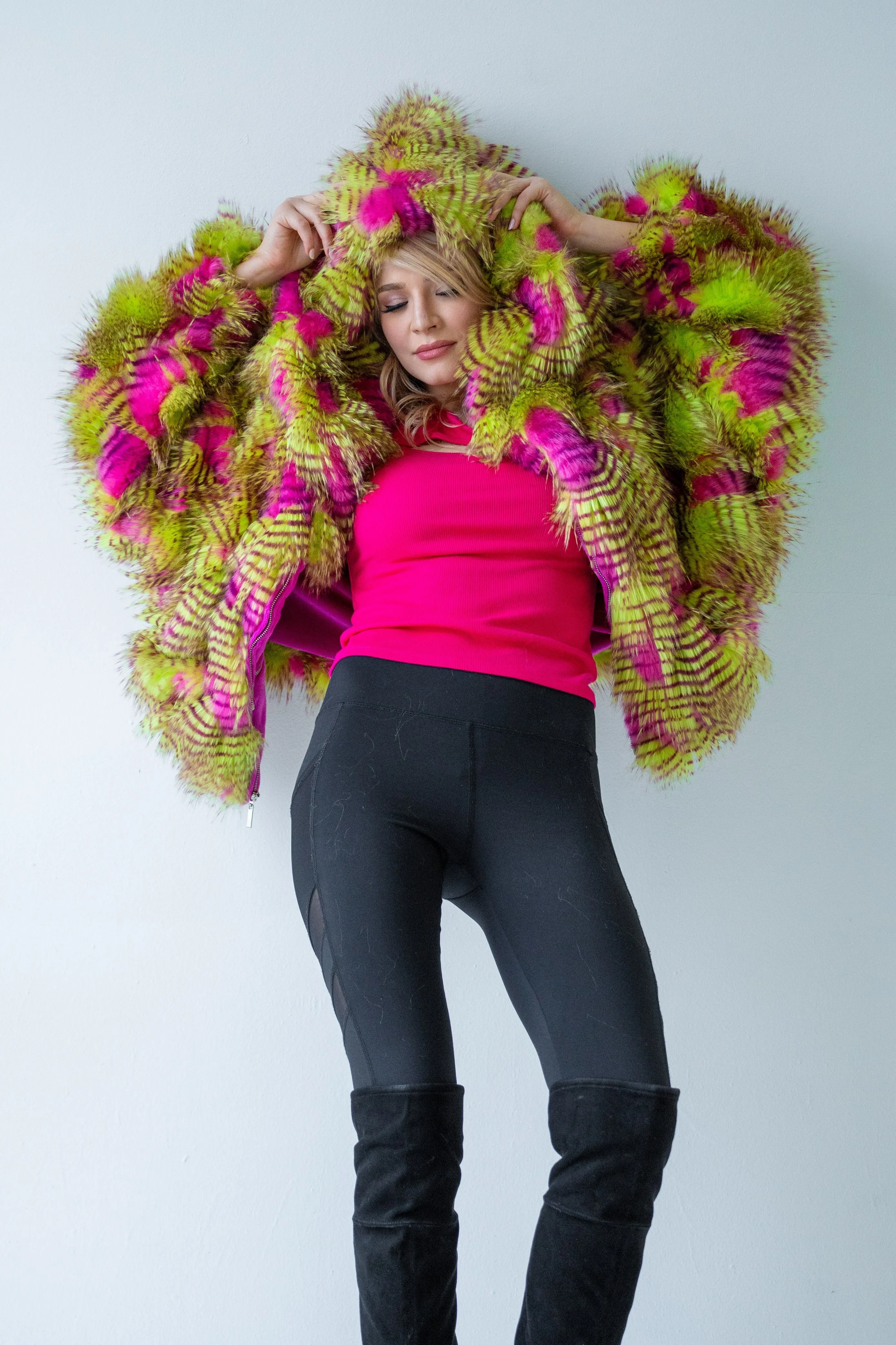 Women's Crop Snuggle Coat in "Pink Lime Feather"