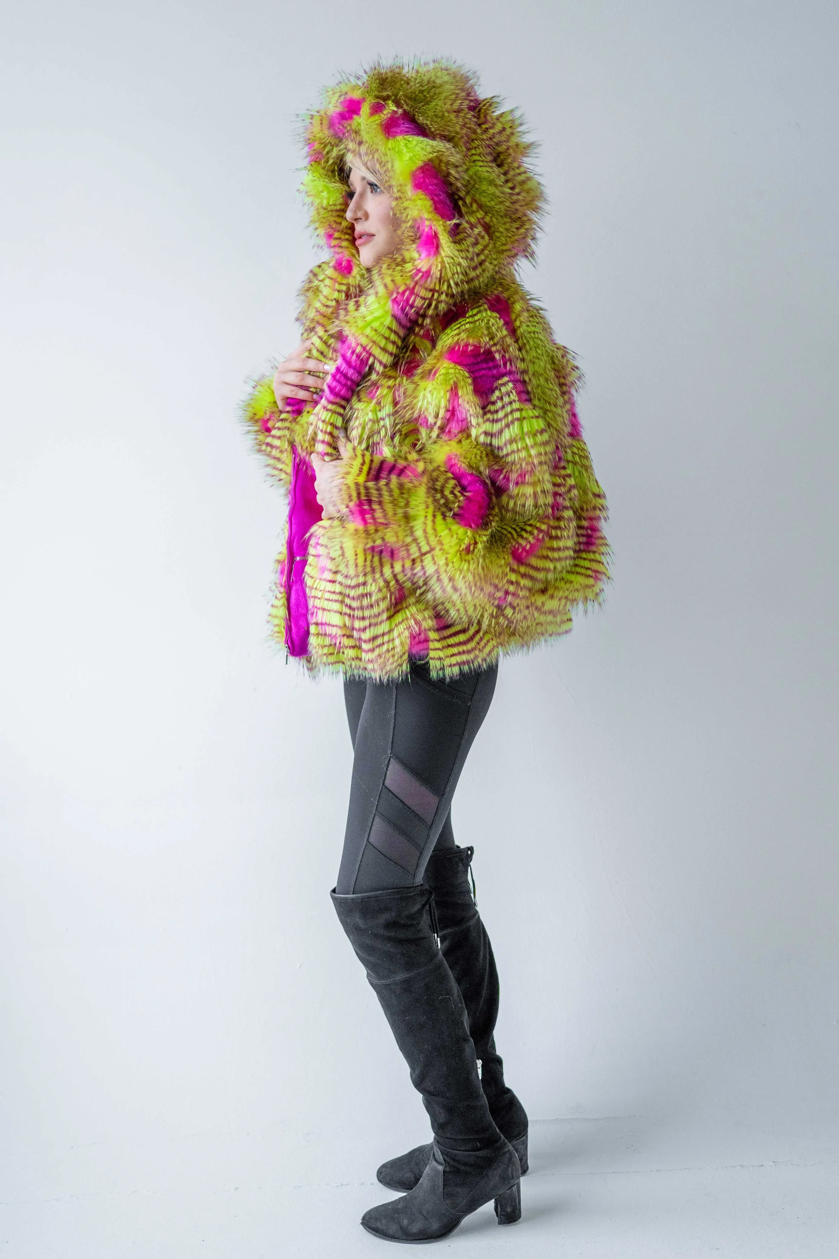 Women's Crop Snuggle Coat in "Pink Lime Feather"