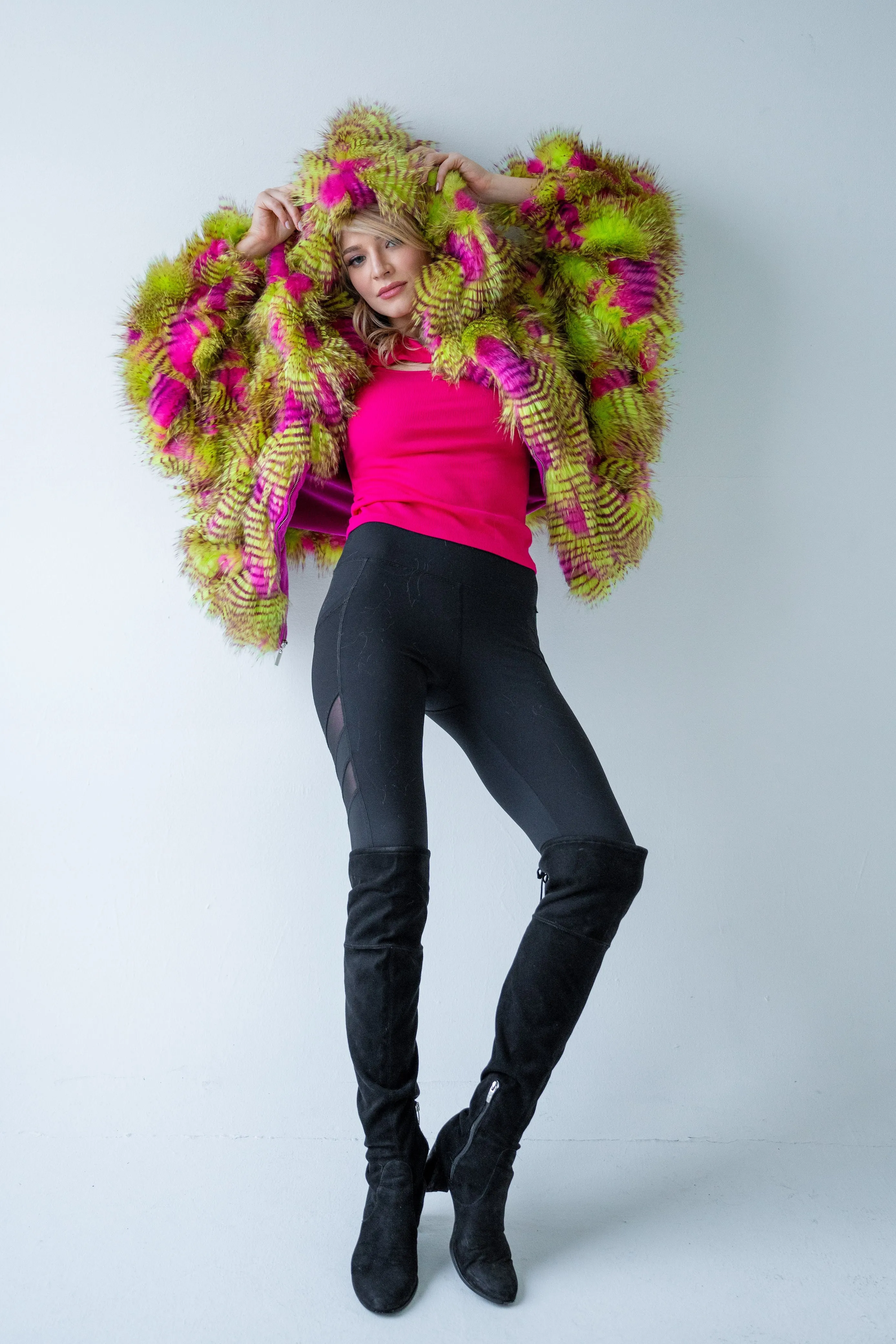 Women's Crop Snuggle Coat in "Pink Lime Feather"