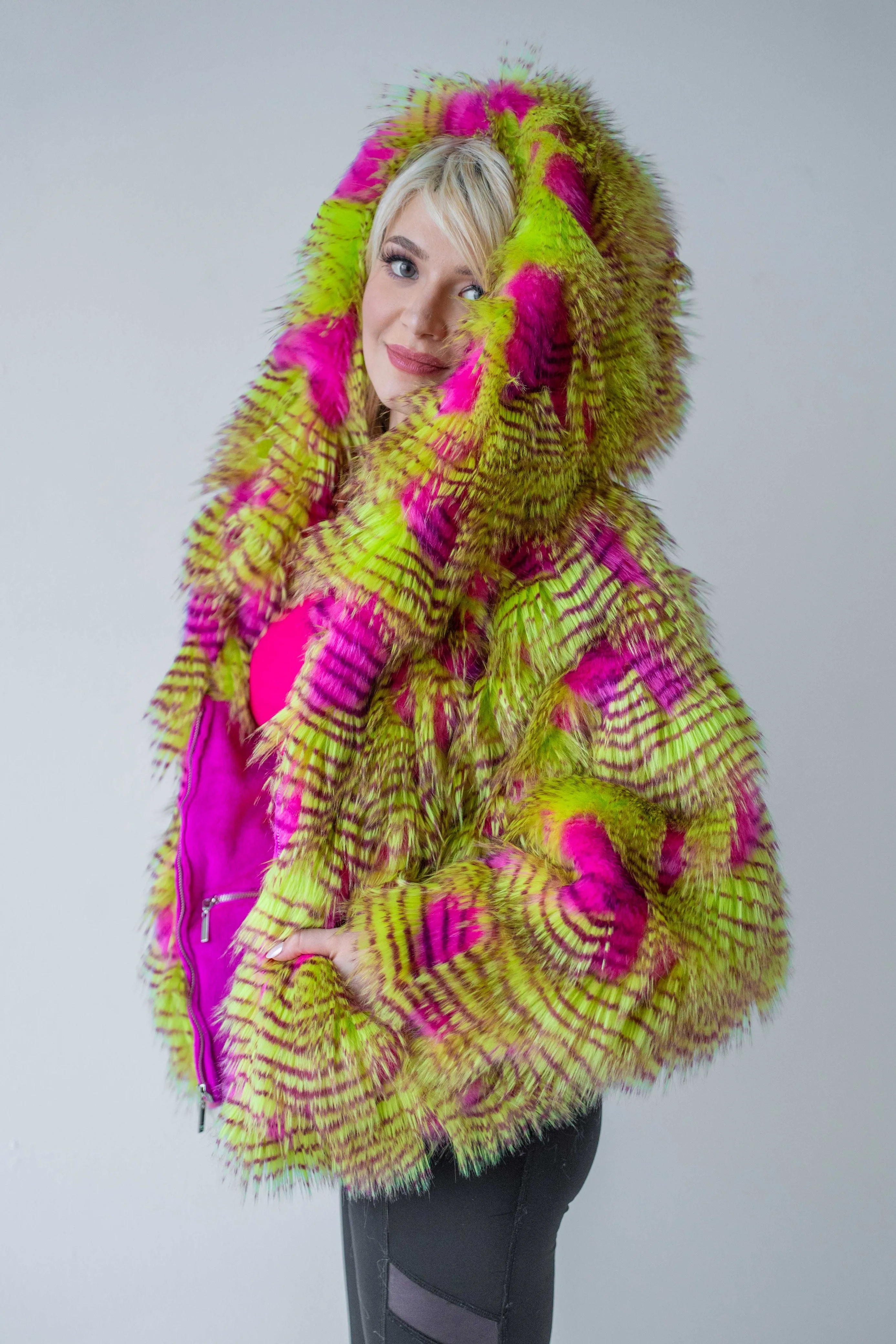 Women's Crop Snuggle Coat in "Pink Lime Feather"