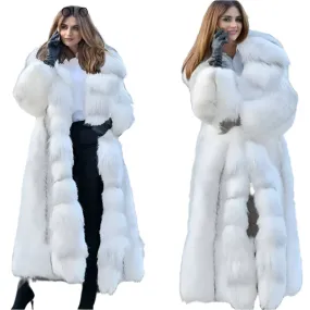 Women's Faux Fur Hooded Coat – X-Long Winter Warm Loose Fit, Plus Size 5XL, Elegant Open Stitch Design