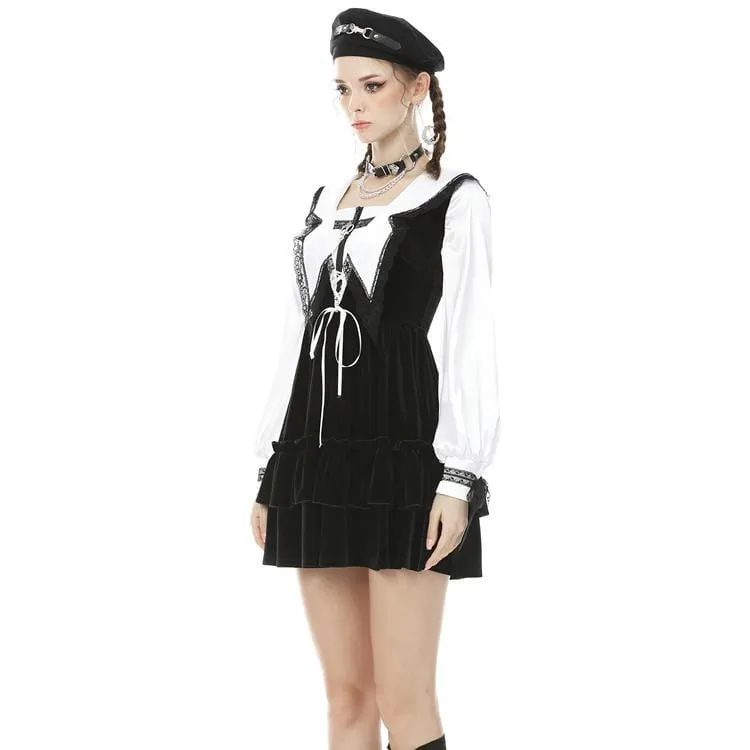 Women's Punk Multilayer Velet Black Overall Dresses